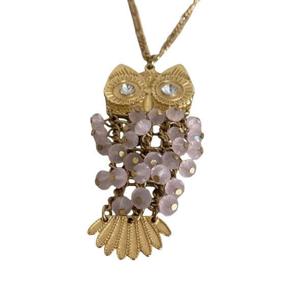 Gold Tone Owl Pendant Large Chain Necklace statement Pink beads - Picture 4 of 8